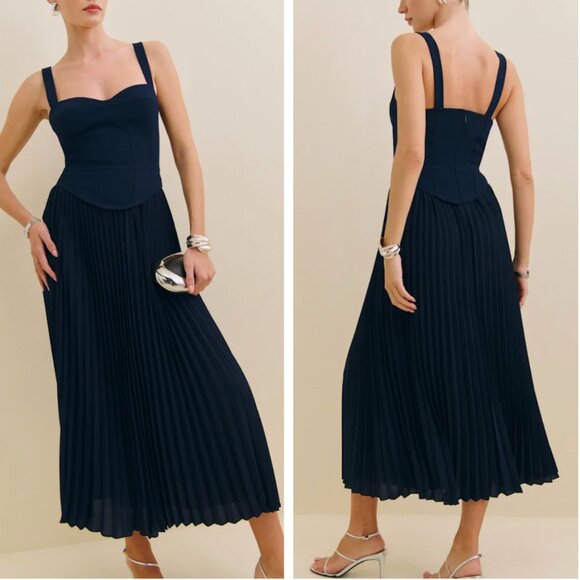 Reformation Dresses & Skirts - BEST Reformation Marja Midi Dress - Navy Blue Pleated Wedding Cocktail Fit Flare